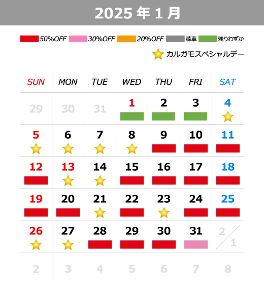 2025年1月料金カレンダー